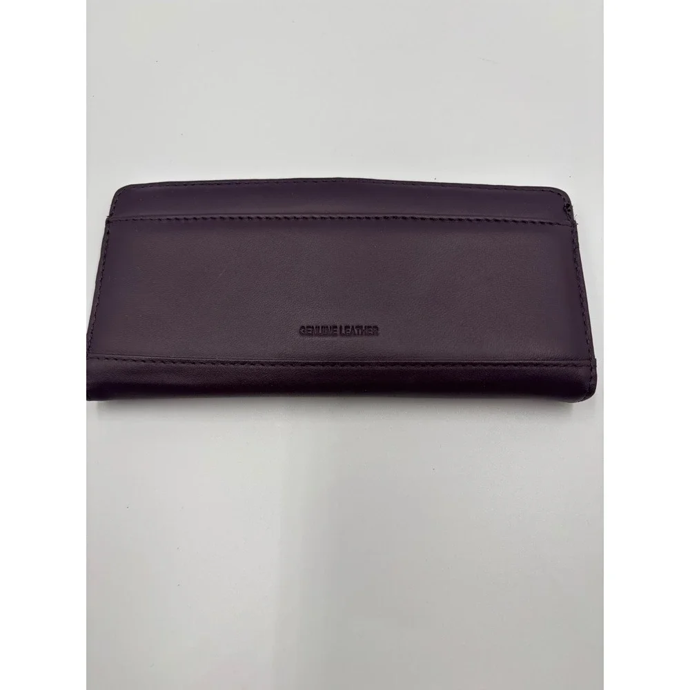 Purple Genuine Leather Slim Clutch Wallet with ID Window and Zipper Pocket